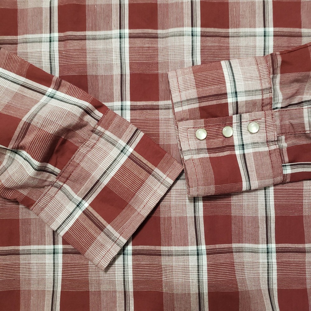 Wrangler Western Shirts Men's‎ 2XL Long Sleeve Plaid Pearl Snap Shirt Burgundy - Picture 9 of 13